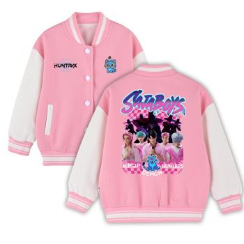 K-Pop Demon Hunters Kids Baseball Jacket Boys Girls Unisex Black White Varsity Coat Cotton