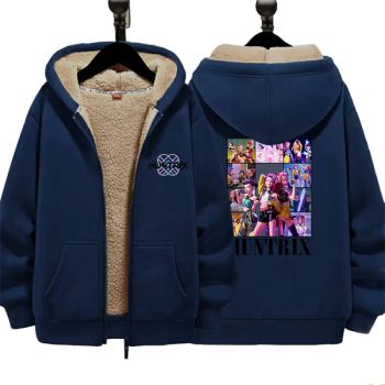 K-Pop Demon Hunters Kids Fleece-Lined Jacket Winter Warm Hooded Coat Cartoon Print