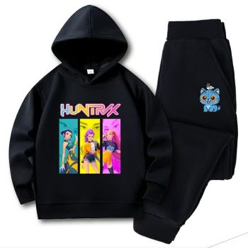 Kids Hoodie Outfit Set K-Pop Demon Hunters Cartoon Print Gray Black 2-Piece Sweatsuit