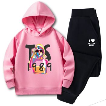Kids Hoodie Outfit Set Taylor Swift Cartoon Print Gray Black 2-Piece Sweatsuit