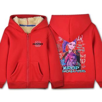 Rumi Kids Winter Fleece Jacket Hooded Warm Coat K-Pop Demon Hunters Cartoon Print Black